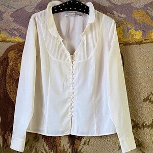 Worthington Stretch Sz 12 (L) Ivory Blouse Shirt Long Sleeve Ruffle Neck Pintuck
